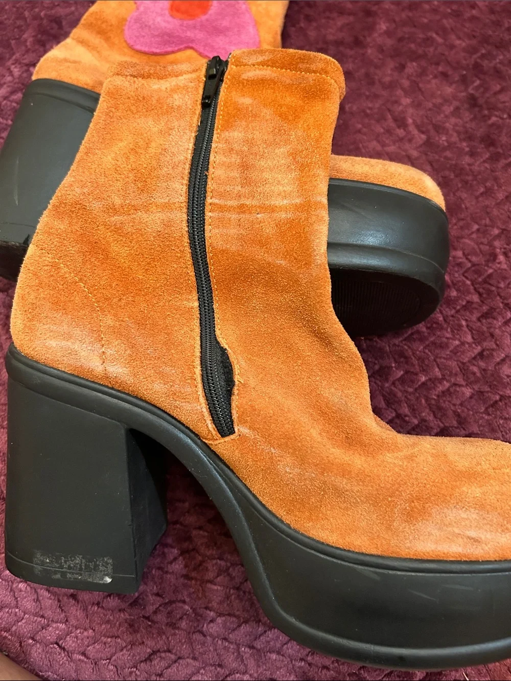 Halloween - Vintage Orange Suede Platform Ankle Boots with Pink Flower Accent